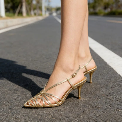 Gold Narrow Strap Hollow Out Design Heeled Sandals Women Sexy Pointed Toe Ankle Strap High Heels Elegant Banquet Wedding Shoes