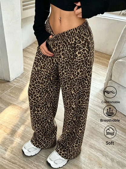 Y2K Womens Leopard Print Wide Leg Casual Pants Stretchy Fashion Retro Soft Straight Leg Leggings New Street Cool Feeling Bottoms