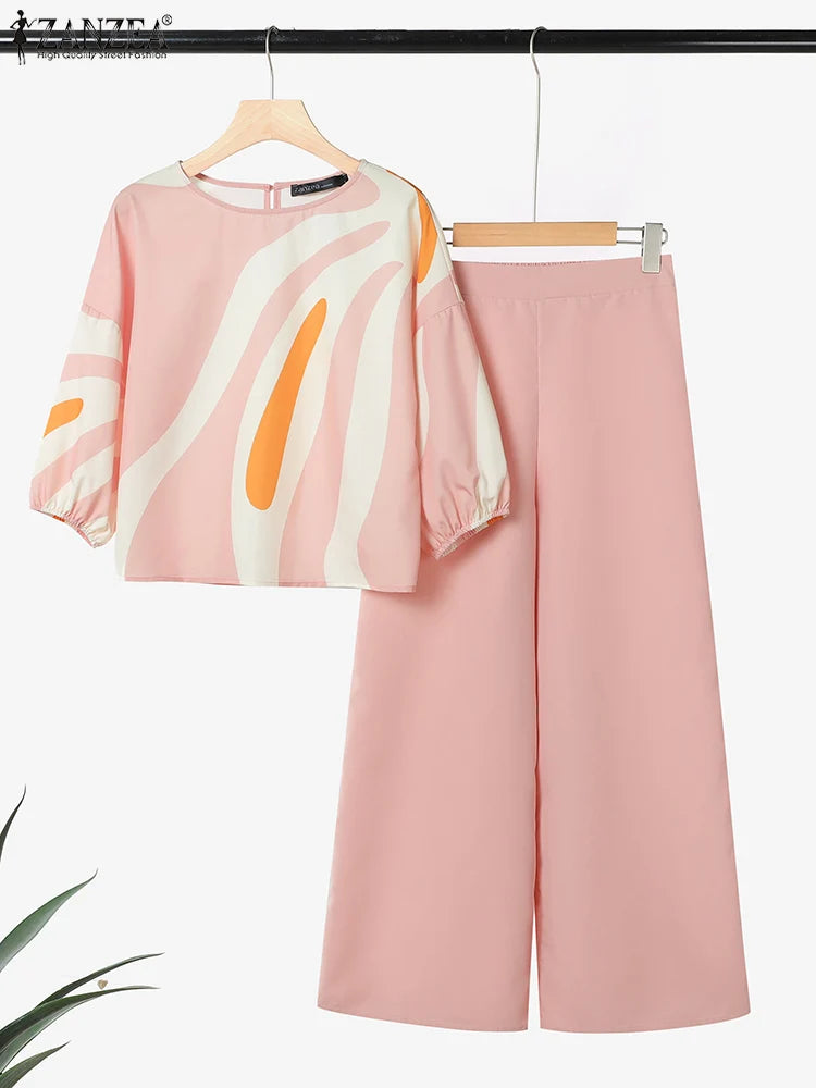 ZANZEA Women's Pant Sets with Abstract Waves Print 3/4 Sleeve Blouse & Wide Leg Pant 2 Pieces Suits Summer Casual 2pcs Outfits
