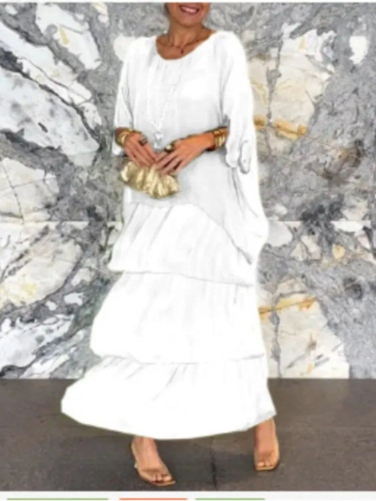 Fashion New Chiffon Printing Mesh Bat Sleeve O Neck Long Women's Dresses Summer Casual Loose Elegant Female Holiday Beach Dress