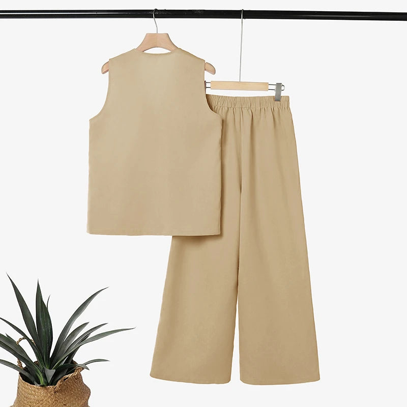 2026 ZANZEA Summer Elegant V Neck Sleeveless Tanks Tops Pant Sets Women 2 Pieces Sets Stylish Solid OL Work Outfits Tracksuit