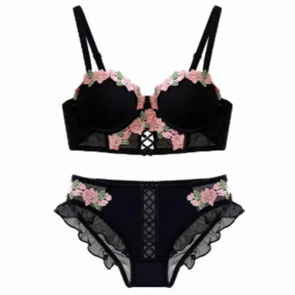 Vintage Floral Lingerie Set Cream Lace Bralette, Retro Push Up Bra for Small Bust Women Pure & Sensual Embroidered Wireless