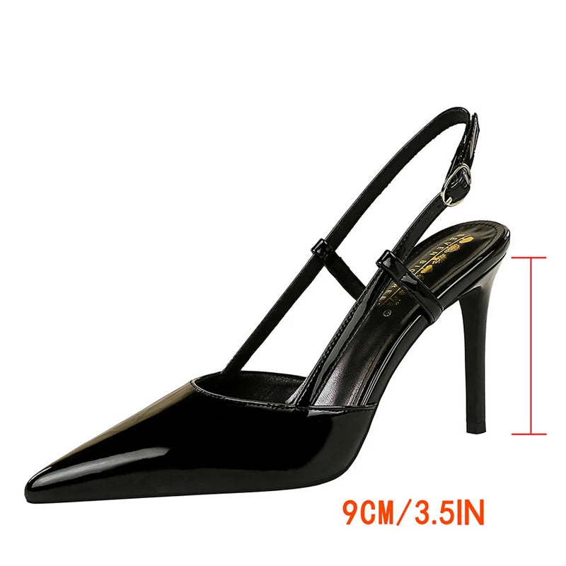 BIGTREE Shoes Fashion High Heels Patent Leather Women Pumps Rear Empty Rear Strap High Heeled Sandals Summer Shoes Stiletto 9 cm