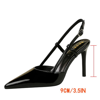 BIGTREE Shoes Fashion High Heels Patent Leather Women Pumps Rear Empty Rear Strap High Heeled Sandals Summer Shoes Stiletto 9 cm