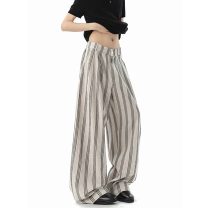 American Retro Striped Cotton Linen Wide Leg Casual Pants Men Summer New Color Collision Loose Match Slimming Floor-Length Pants