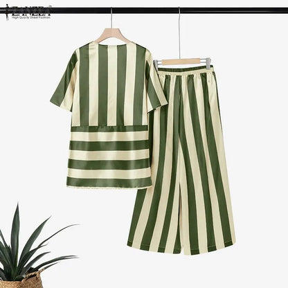 ZANZEA Fashion Short Sleeve Blouse Wide Leg Pant Sets Summer 2 Picece Set Women Striped Outfit Elegant Work Suit Stain Tracksuit