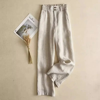 Grey Linen Wide Leg Pants Women's High Waist Drapey Loose Casual Cotton Linen Pants Flower Bud Waist Flax Straight Long Pants