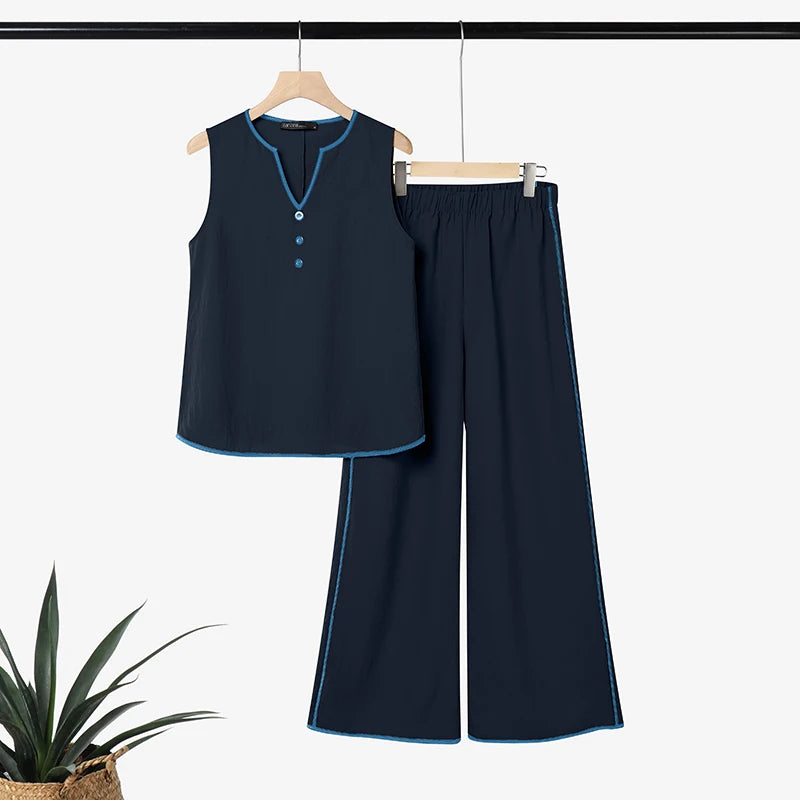 ZANZEA Stylish Sleeveless Tanks Tops Pant Sets 2026 Women Summer Patchwork Tracksuit 2 Pieces Sets Casual Loose Work Outfits