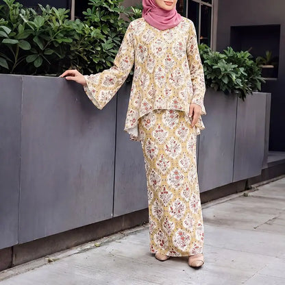 Fashion Women Muslim 2 Piece Sets ZANZEA Printed Outfits Bohemain Casual O Neck Long Sleeve Blouse Skirt Suit Hijab Tracksuit