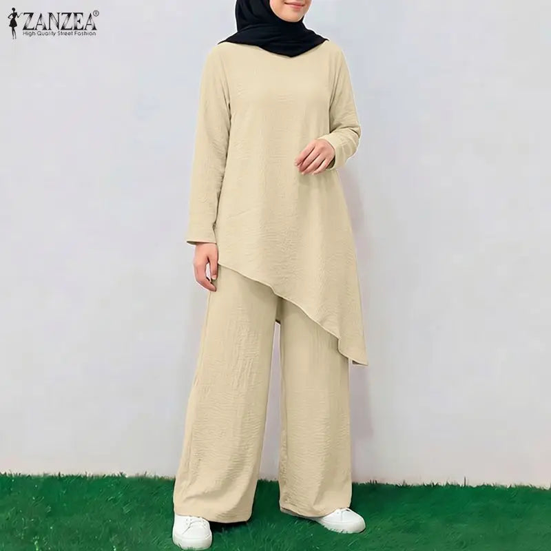 Ramadan Muslim Sets Outfit ZANZEA Modest Women 2 Piece Sets Casual O Neck Long Sleeve Tops Pant Sets Irregular Abaya Kaftan 2026
