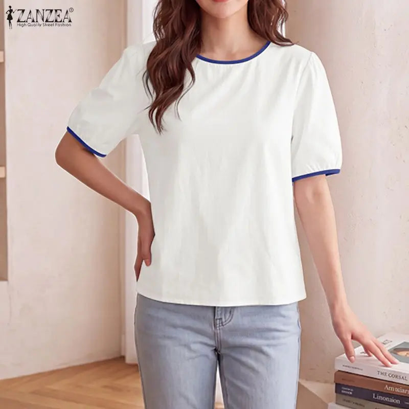 ZANZEA Women Summer Blouse Short Puff Sleeve Patchwork Casual O Neck Fashion Blusas OL Work Tops Oversize Tunic Streetwear