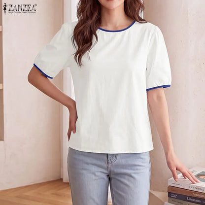 ZANZEA Women Summer Blouse Short Puff Sleeve Patchwork Casual O Neck Fashion Blusas OL Work Tops Oversize Tunic Streetwear