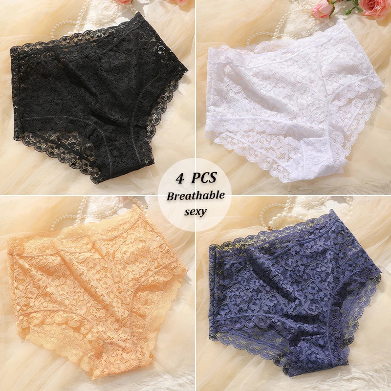 4PCS/SET Women Soft Lace Panties Breathable High Waist Underwear Hollow Sexy Lingerie Floral Solid Color Transparents Briefs New