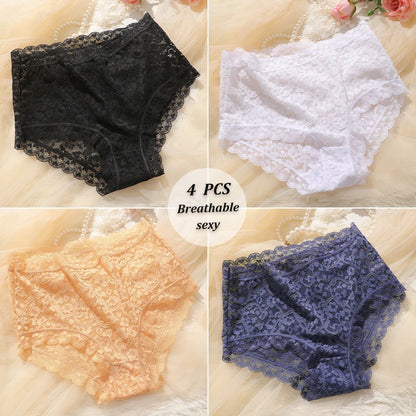 4PCS/SET Women Soft Lace Panties Breathable High Waist Underwear Hollow Sexy Lingerie Floral Solid Color Transparents Briefs New