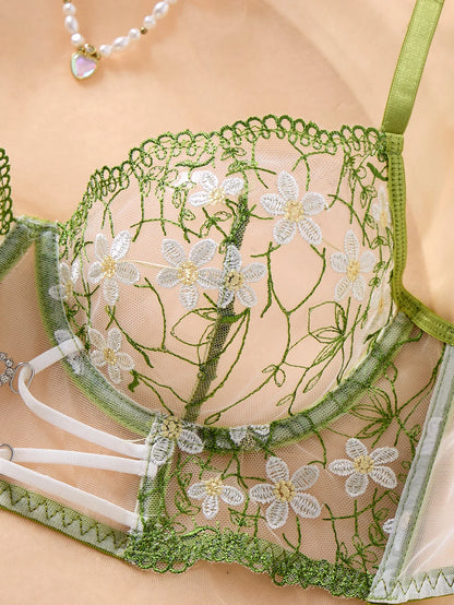 Women Green Daisy Floral Embroidery Lingerie Set Sheer Mesh Heart Metal Buckle Underwire Bra & Thong 2‑Piece Intimate Underwear