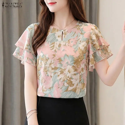 ZANZEA Summer Women Blouses Ruffles Short Sleeve Tops Fashion Print Tops Streetwear OL Work Party Blusas Oversize Tunic S-3XL
