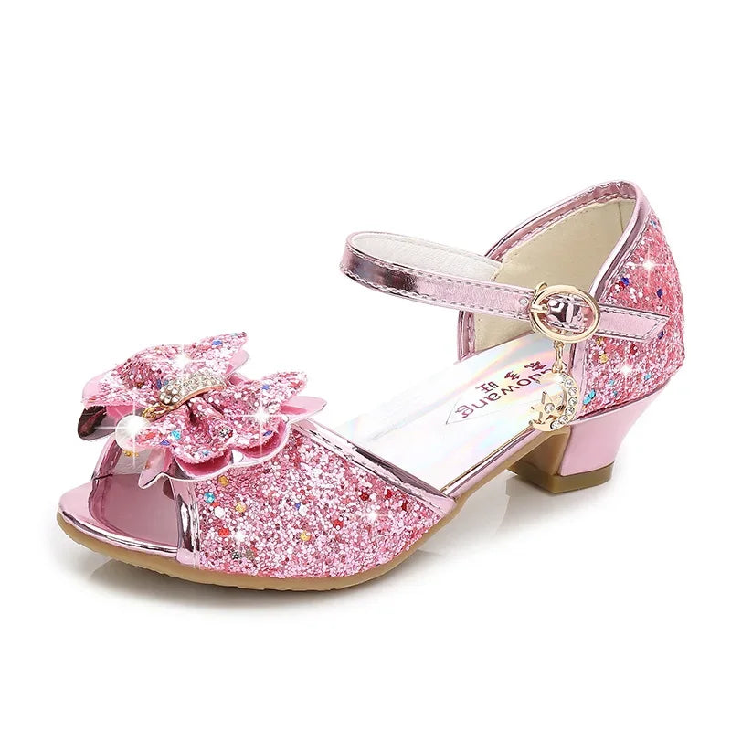 Children Princess Sandals Kids Girls Wedding Shoes High Heels Dress Shoes Bowtie Purple Pink Blue Silver Shoes For Girls