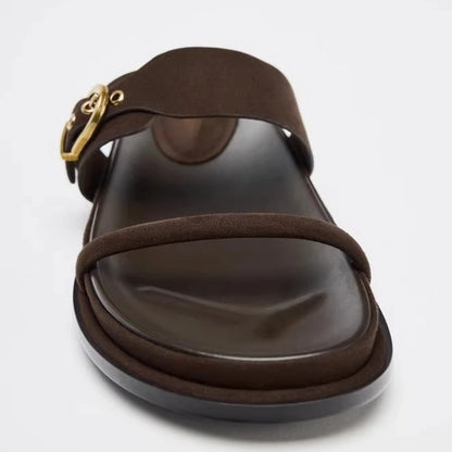 Gold Metal Buckle Decorated Flat Sandals Women Summer Soft Soles Comfortable Platform Slippers for Ladies Designer Beach Shoes