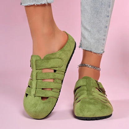Women Summer Mules Suede Fisherman Shoes Closed Toe Buckle Cut-out Flat Casual Footwear Soft Sole Comfortable Slip-on