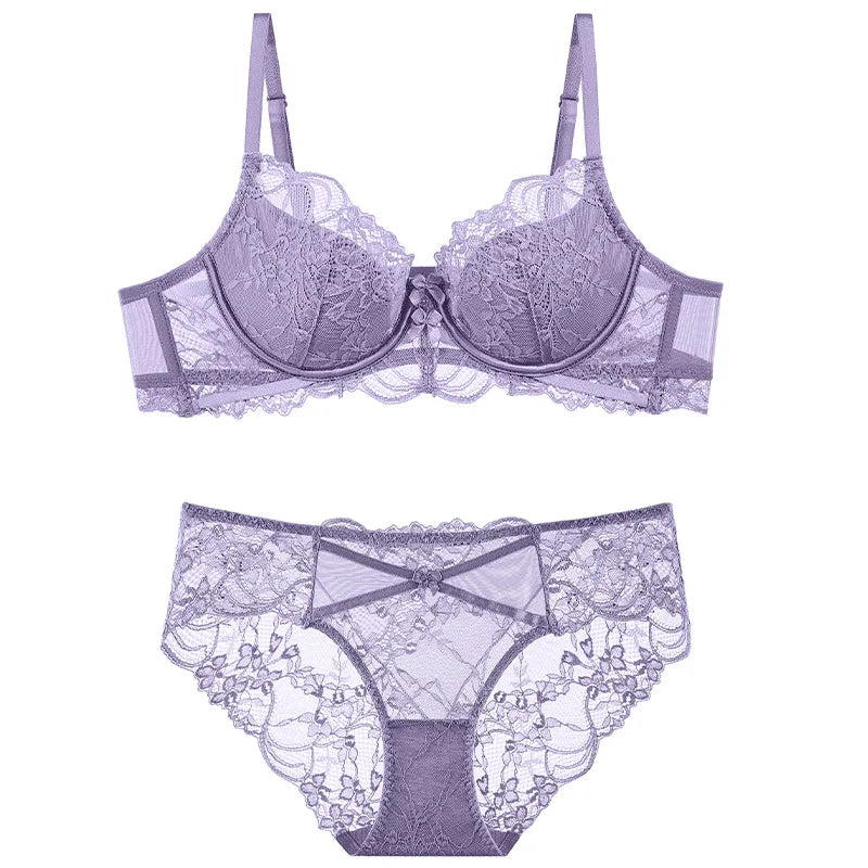 Sexy Hollow Bra French Ultra Thin Lace Embroidery Women Lingerie Set Underwire Push Up Bras Breathable Underwear and Panties Set