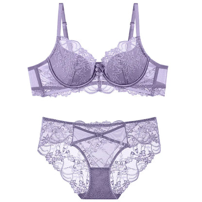 Sexy Hollow Bra French Ultra Thin Lace Embroidery Women Lingerie Set Underwire Push Up Bras Breathable Underwear and Panties Set