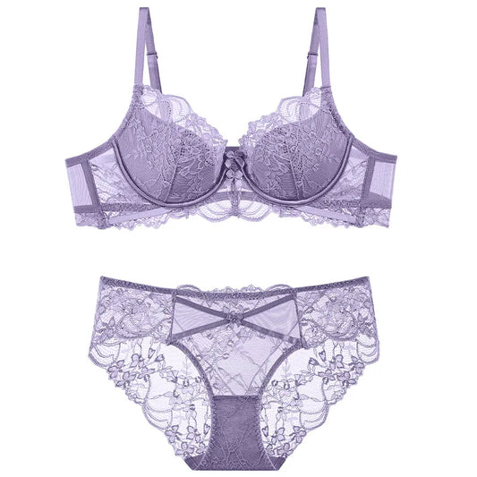 Sexy Hollow Bra French Ultra Thin Lace Embroidery Women Lingerie Set Underwire Push Up Bras Breathable Underwear and Panties Set