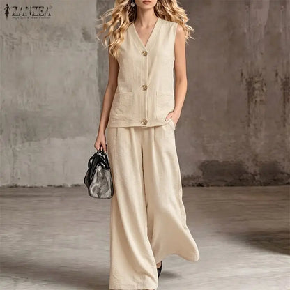 ZANZEA Fashion Women 2 Pieces Sets V Neck Buttons -Up Tanks Tops Trousers Suit Summer 2PCS Outfits Elegant OL Work Pant Sets