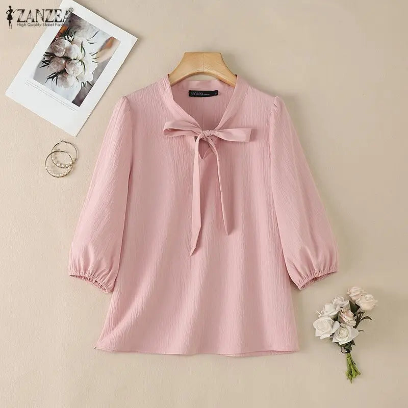 ZANZEA Elegant Minimalist Woman Blouses Bow Tie Neck 3/4 Puff Sleeve Crinkled Texture Solid Color Tops Summer Blusas de Mujer