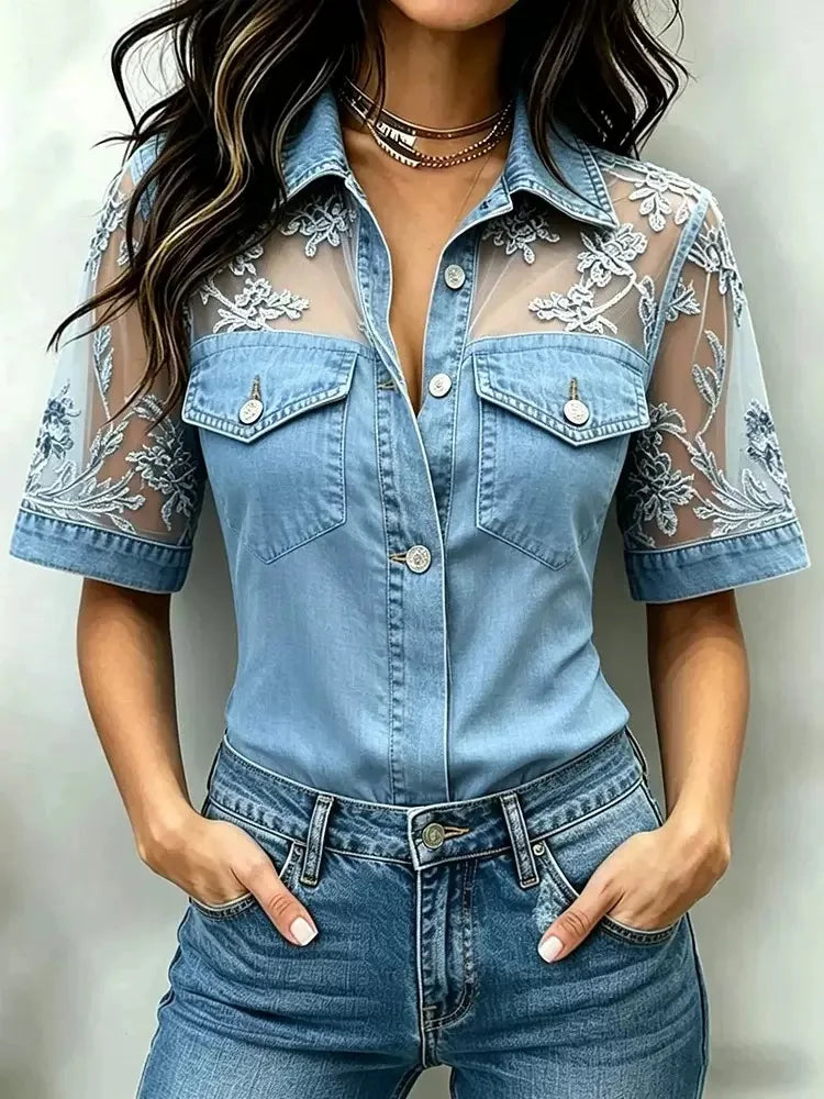 New Ladies Casual Loose Faux Denim Patchwork Collar Top Comfortable Breathable Fashionable Women's Loose Fit Shirt