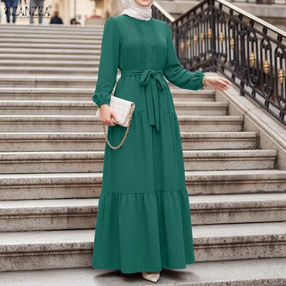 ZANZEA Women Autumn O Neck Long Sleeve Pleated Sundress Elegant Muslim Abaya Dress Maxi Robe Casual Kaftan Stylish Party Dress
