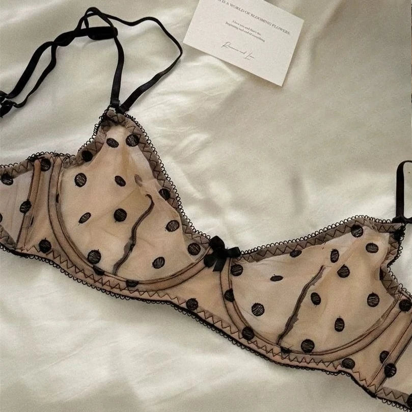 Polka Dot Lace Embroidery Bra Set Soft Underwire Ultra Thin No Padding See Through Mesh Push Up Lingerie For Young Girls Daily