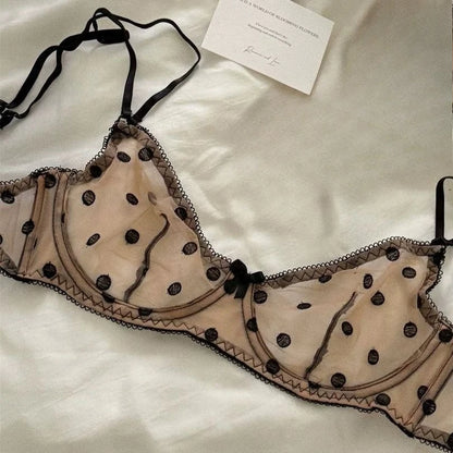 Polka Dot Lace Embroidery Bra Set Soft Underwire Ultra Thin No Padding See Through Mesh Push Up Lingerie For Young Girls Daily