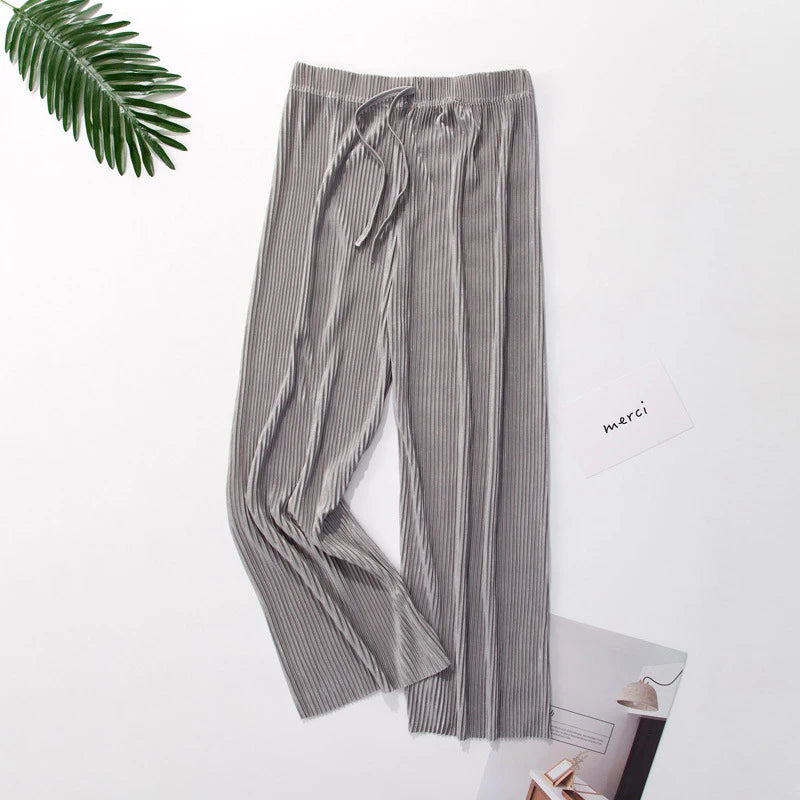 Women Fashion Summer Wide Leg Pants Pleated Ice Silk Trousers Elastic Waist Loose Casual Pants