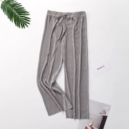 Women Fashion Summer Wide Leg Pants Pleated Ice Silk Trousers Elastic Waist Loose Casual Pants