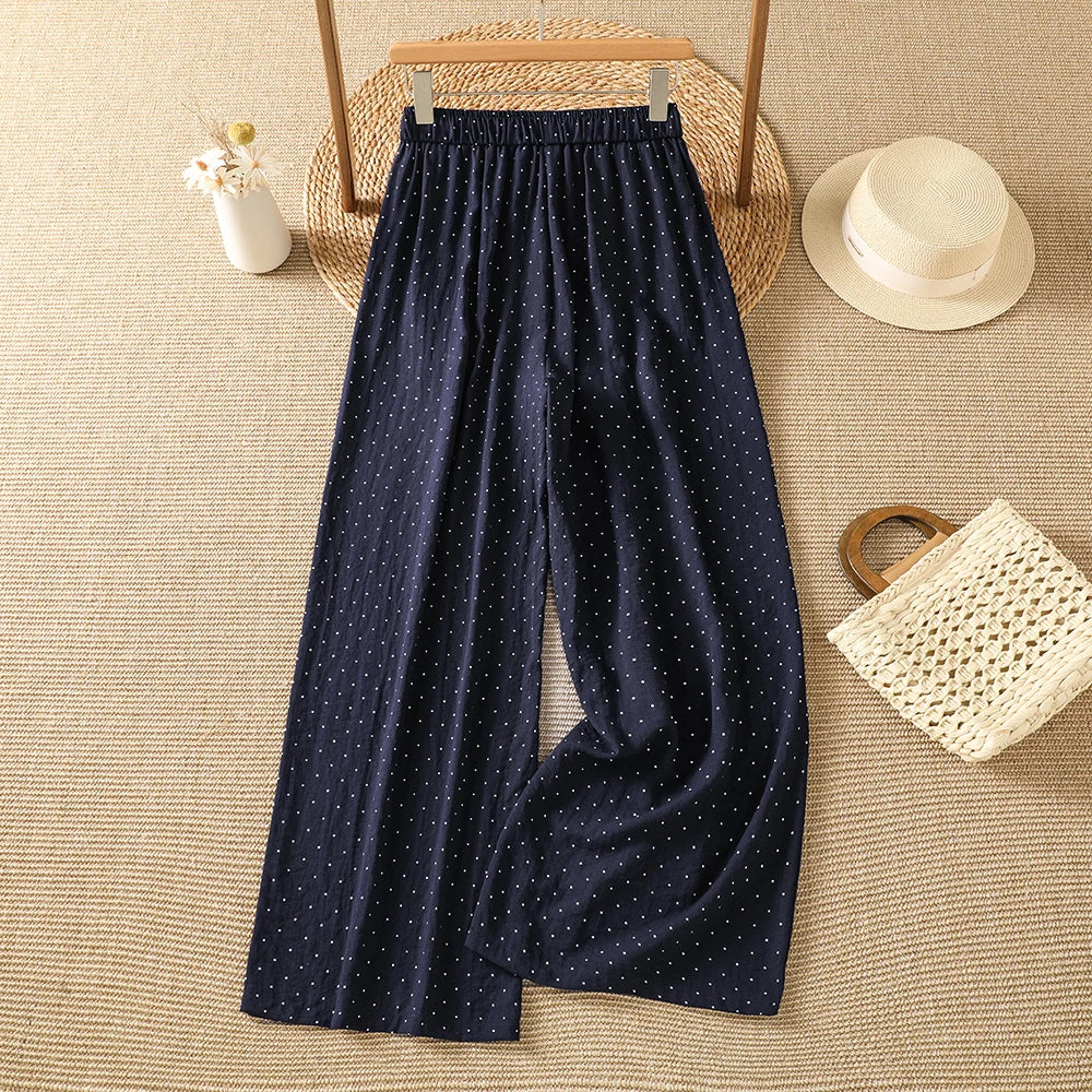Summer New Vintage Small Polka Dot Loose Casual Wide Leg Pants Drawstring Waist Elastic Cotton Ladies Trousers