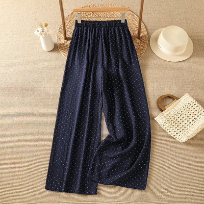 Summer New Vintage Small Polka Dot Loose Casual Wide Leg Pants Drawstring Waist Elastic Cotton Ladies Trousers