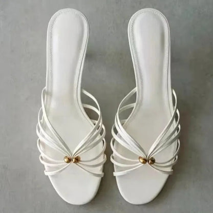 White Narrow Band Design Mid Heel Women's Slippers Sexy Open Toe Slide Sandals for Ladies Metal Embellished Thin Heeled Sandals