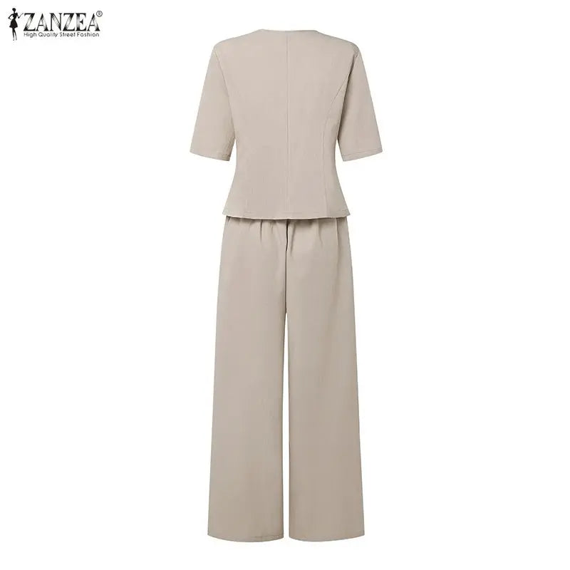 ZANZEA Women's Casual Pant Sets Wide Leg Pant & Short Sleeve Asymmetric Placket Tops 2 Pieces Sets Commute Pant Suits Outfits
