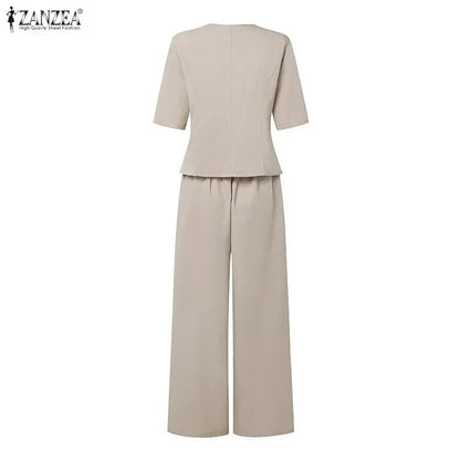 ZANZEA Women's Casual Pant Sets Wide Leg Pant & Short Sleeve Asymmetric Placket Tops 2 Pieces Sets Commute Pant Suits Outfits