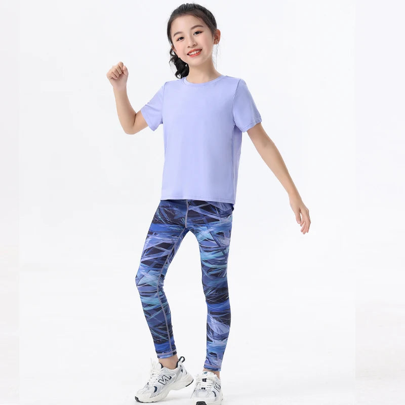 2pcs Kids Sportswear Gym Yoga Clothes Quick-Drying Top Base Skinny Shark Pants Summer Set Girls Active Wear Fitness Outfit