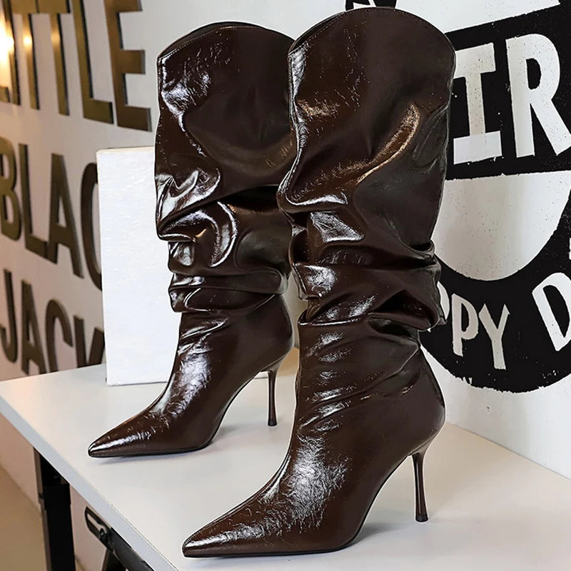 BIGTREE Shoes Sexy Stiletto Women Knee High Boots Pointed High-heeled Boots Fashion Long boots Pleated Leather Boots Female Shoe