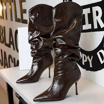 BIGTREE Shoes Sexy Stiletto Women Knee High Boots Pointed High-heeled Boots Fashion Long boots Pleated Leather Boots Female Shoe