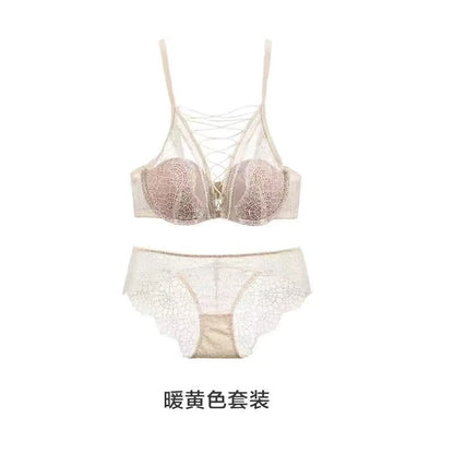 French Lace Bralette Set Small Bust Women Soft Wire Support Sexy Pure Hollow Out Lace Up Comfort T-Shirt Bra Everyday MOYISU AB