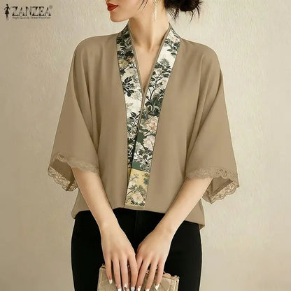 ZANZEA Vintage Floral Print Patchwork Kimonos Elegant V-Neck Lace Trim Half Sleeves Cardigan Tops 2026 Summer Open-Front Shirts