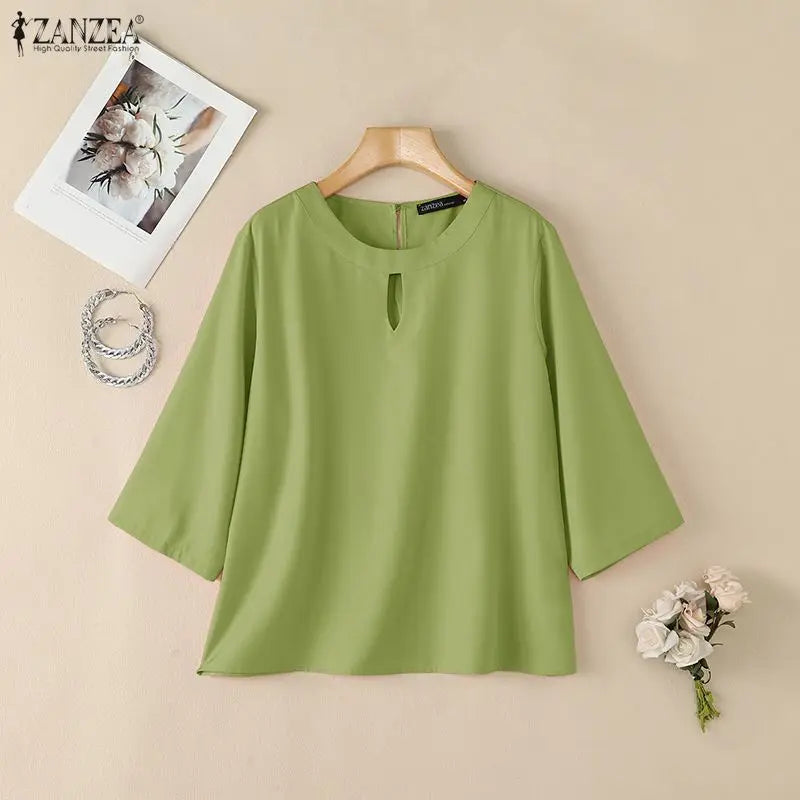 ZANZEA Woman Minimalist Loose Blouses Cutout O-Neck 3/4 Sleeve Solid Color Tunic Tops 2026 Autumn Casual Daily Wear Blusas Mujer
