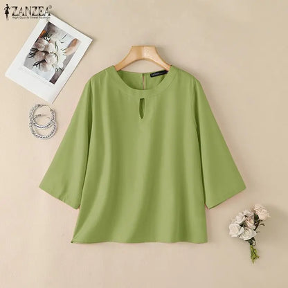 ZANZEA Woman Minimalist Loose Blouses Cutout O-Neck 3/4 Sleeve Solid Color Tunic Tops 2026 Autumn Casual Daily Wear Blusas Mujer