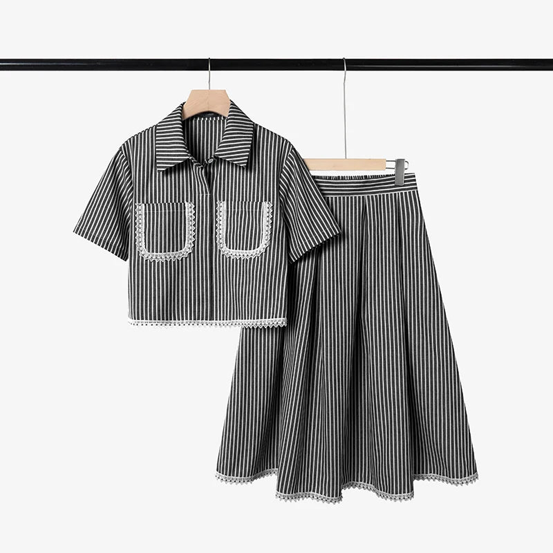 ZANZEA Women's Lace Trim Striped Skirt Suits Short Sleeve Crop Shirt & A-Line Midi Skirt 2 Pieces Sets Fashion Skirt Sets Outfit