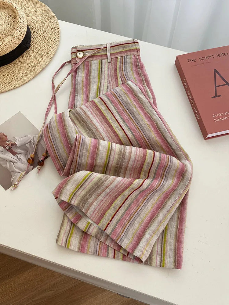 Pink Striped Wide Leg Pants Loose Fit Casual Summer Trousers for plus Size Women Comfortable Elastic Waist Straight Cut
