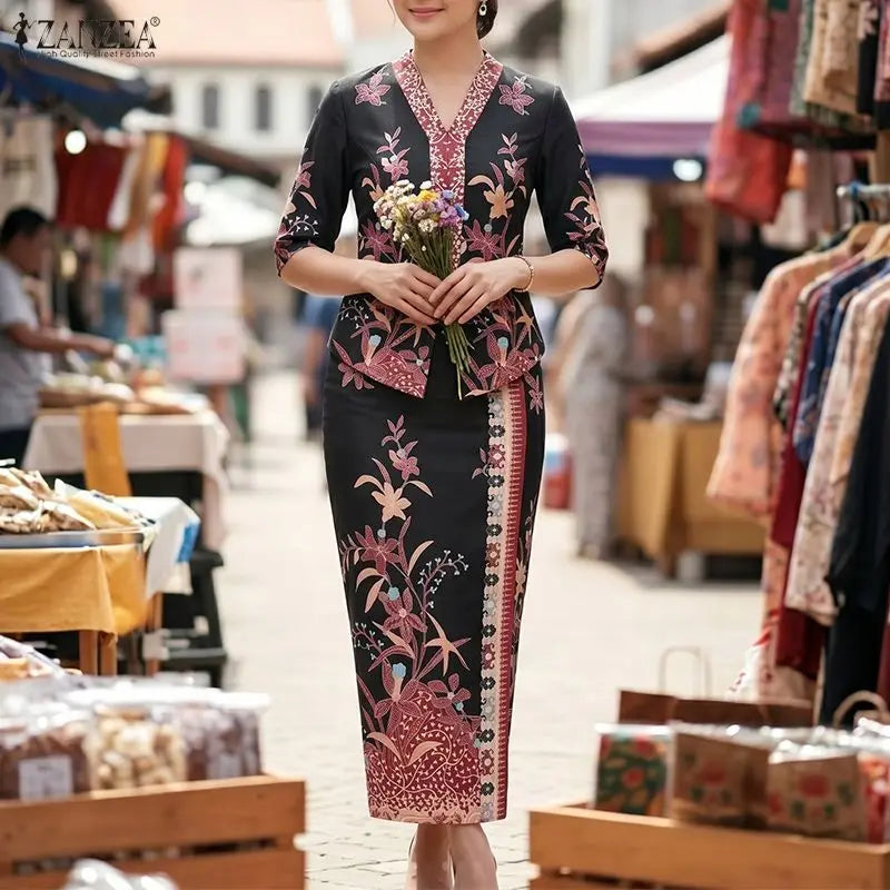 ZANZEA Elegant Women Dress Sets Ethnic Print V Neck Half Sleeve Blouse Sheath Maxi Long Skirt Suit Stylish Work Outfits 2 Pieces