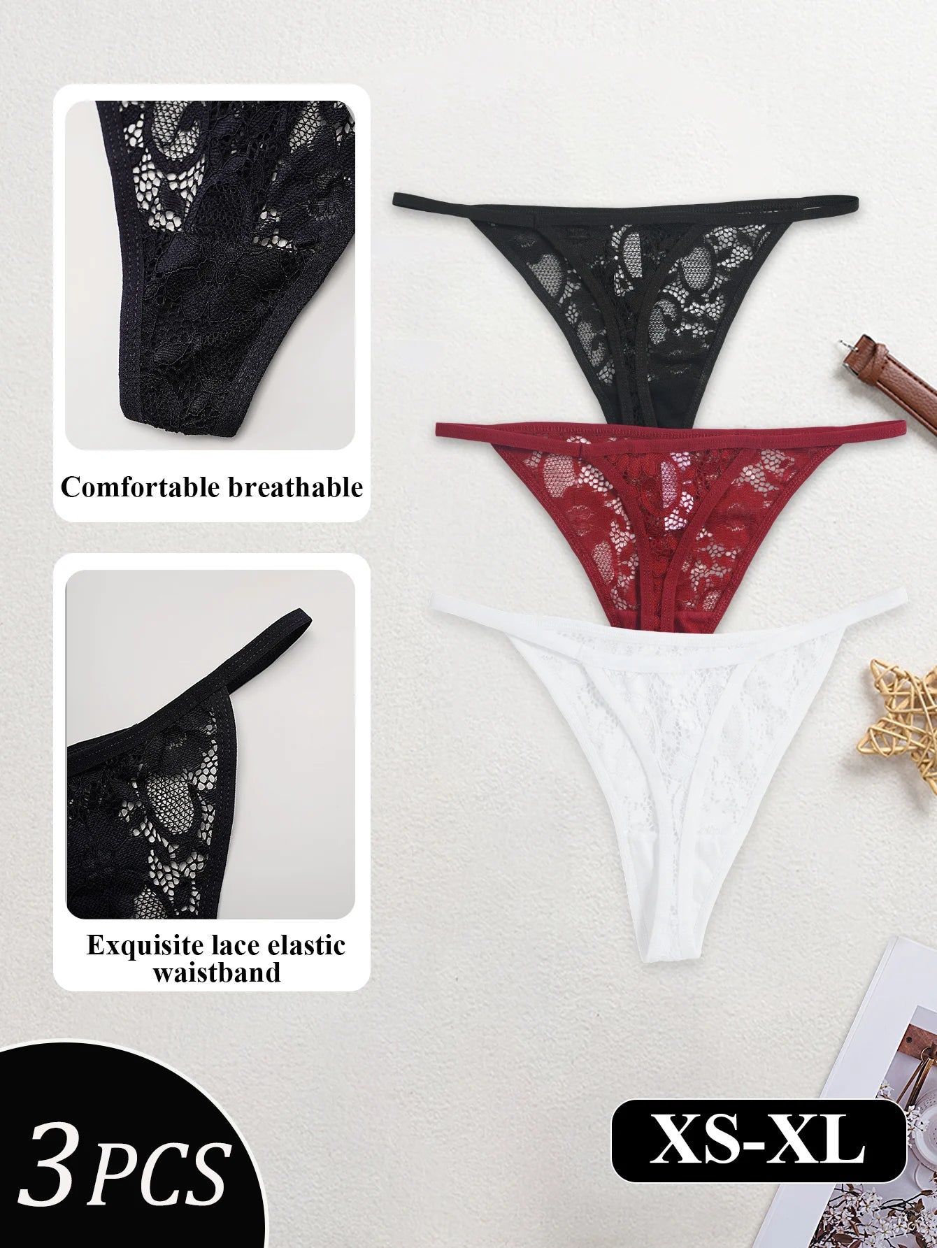 3PCS Sexy Lace Thongs Low Waist T-Back Underwear Women Elegant Lace Floral G-string Underpants Bikini Panties Tanga Mujer XS-XL